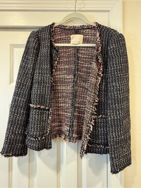 Rebecca Taylor Tweed Fringe Open Jacket - Navy & Pink
